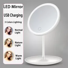 LED-Licht-Make-up-Spiegel, 3-farbige LED-Gesichtsaufbewahrung, verstellbarer Touch-Dimmer, USB-Schminktisch, Schreibtisch, Kosmetik, 220509