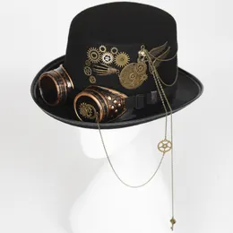 Steampunk hatt med skyddsglasögon vintage män svart topp gotiska halloween kvinnor fedora kedjor elegant huvud slitage kostym parti 220402