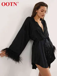 Ootn Feathers Sicted Setin Dress Belt Sexy Robe Party Night Dresses sedos