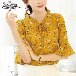 Blusas Plus Size Fashion Women Tops and Blouses Summer Lady Tops Chiffon Blouse Floral Print Bow Neck Shird短袖210326
