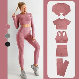 2 5 PCS Dikişsiz Kadın Yoga Set Egzersiz Spor Giyim Giyim Giyim Fitness Uzun Kollu Mahsul Üst Yüksek Bel Tayt Spor Takımları 220810