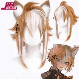 Jinkaili Genshin Impact Goro 35 cm Brown Mixed White Anime Cosplay Wig With Bangs Kamado Nezuko Kitagawa Marin Pink220505