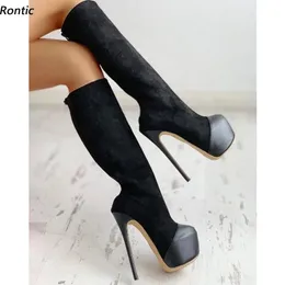 Rontic Handgjorda Kvinnor Vinterplattform Knä Stövlar Faux Suede Stiletto Heels Rund Toe Classics Svart US Storlek 5-20