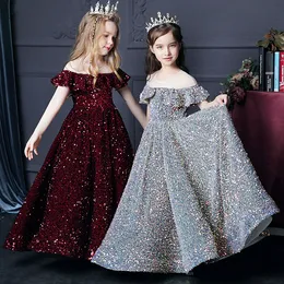 Luxury Silver Bling Sequin Girls Pageant Dresses Fluffy Off the Shoulder Ruched Flower Girl Dresses Ball Gowns Party Dresses for Girls 2022