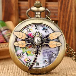 ساعة Steampunk Watch برونزية جوفاء جوفاء Out Dragonfly Design Men Women Quartz Adalog Pocket Watches Netclace Staint Chain