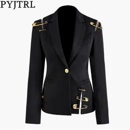 PYJTRL Women Spring Autumn Black Hollow Out Pin Spliced Jacket Fashion Long Sleeve Women Coat 201210