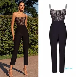 2022-Women Spring Summer Sexy Lace Jumpsuits Kort ärm Djup V Neck Rompers Mesh Back Long Pants Playsuits Hollow Out Tops Black Over