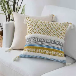 Blue Yellow Pink Cushion Cover Tassels Marockan Style Pillow Case Cover vävd för hemdekorationssoffa säng 45x45cm 210401