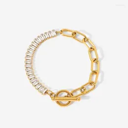 Link Chain Luxury Half Zirconic Jewelry Bangles 18K Gold Plated OT Stick Buckle rostfritt stål armband kvinnor inte22