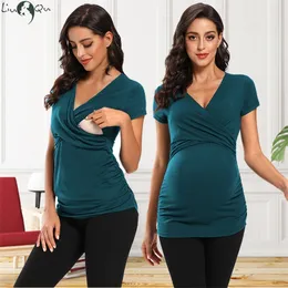 Womens Maternity Clothes Breastfeeding Clothing Short Sleeve Pregnant Clothes Pleated Side Open Pregnancy T-Shirt Top 220510