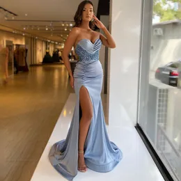 Blue Mermaid Prom Dresses Princess Lace Appliques Sequins Sweetheart Sleeveless Strapless Floor Length Satin Side Slit Party Gowns Plus Size Custom Made