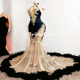 Abiti da ballo arancioni per ragazze nere con abito da sera a sirena con paillettes di piume 2022 Appliques dorate Aso Ebi Abito da cerimonia formale Turchia Dubai Occasioni speciali Abbigliamento da donna