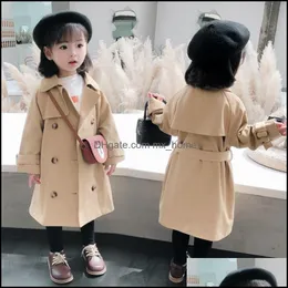 Tench Coats New Spring Autumn Childrens Outerwear Fashion Girl Long Coat Toddler Baby Jacket Studbreaker Kids Cloth Mxhome dhecd