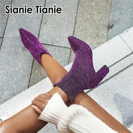 Sianie Tianie Glitter Bling Woman Stretch Boots Purple Srebrna Plaid Leopard Sexy Sock Boties Block High Heels Women Buty 201102