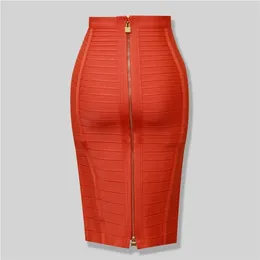 High Quality Black Red Blue Orange Zipper Bodycon Rayon Bandage Skirt Day Party Pencil 220317