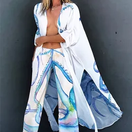 ビーチパンツロングシフォンビーチカバーアッププリントビーチウェアプラスサイズの着物チュニック用ビーチ水着カバーサロン220622