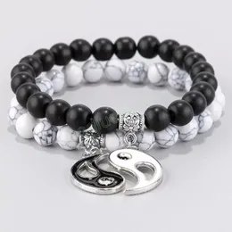 Classic Lovers Enameled Yin Yang Gossip Charm White Turquoise Black Beads Strands Bracelet Wholesale 2pcs/Set