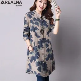 Arealna damer långa toppar kvinnor höst mode blommor bomullslinne blus kvinnor långärmad skjortor plus storlek koreansk vintage tunika t200319