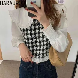 HARAJPOO Woman Shirts Spring Autumn Korean Ins Fashion Doll Collar Plaid Stitching Versatile Loose Wearing Blouse 210401