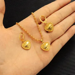 Gold love heart family set Jewelry Fine Solid Pendant Chain Earrings African Dubai Bride Wedding women girls Bijoux mother gift