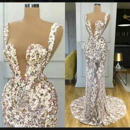 2022 3D Floral Applique Mermaid Evening Dresses Pearls Beaded Crystals Straps Sweep Train Custom Made Plus Size Formal Prom Party Gown Wear Vestidos