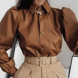 Waatfaak Autumn Leather Blusa Mulheres Manga Longa Blusa Blusa Vintage Ladies Moda Casual de Inverno Turn Down Collar LJ200812