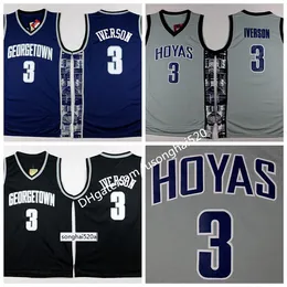 Georgetown Hoyas College 3 Allen Iverson Jersey University Tean Black Blue Grey Allen Iverson 농구 유니폼 셔츠 유니폼 유니폼