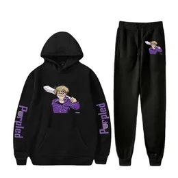 Men's Tracksuits Women-clothing Purpled Print Fall Suit Hoodies Anime Ankle Banded Pant Two Piece Set The Pants Trendy Girl Y2K SuitMen's