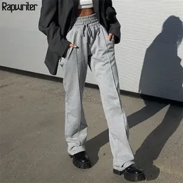 Rapwriter Casual Pantaloni a vita alta con coulisse Donna Streetwear Pantaloni larghi dritti Pantaloni harajuku grigi Pantalon Femme 201012