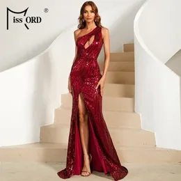 Missord Summer Women Dress Maxi Sexy Evening Party Paillettes riflettenti Una spalla Split aderente Elegante rosso Prom Vestidos 220510