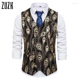 Män kostymer för bröllopsföretag Casual Slim Vests Fashion Steampunk Bronzing Peacock Feather Print Colete Masculino Men's Stra22