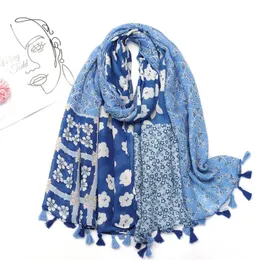 Hiszpańskie modne kobiety wiskozowe szaliki geometryczne kwiatowe patchwork Tassel Hidżab i owija kobiece faulards echarpe muzułmański sjaal