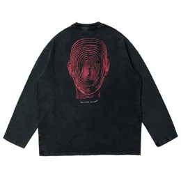 Мужские футболки Harajuku негабаритная футболка с длинным рукавом текстурированная теневая портретная футболка Men 2022 Hip Hop Streetwear Cotton Clothingme