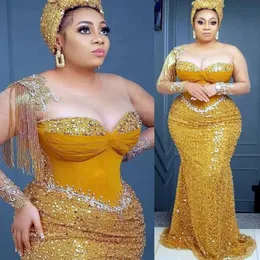 Plus Size Arabisch Aso Ebi Meerjungfrau glitzernde Ballkleider helles Gold Perlen Kristalle Abendparty zweiter Empfang Geburtstag Verlobungskleider Kleid