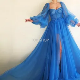 Sexy Halter Neck A Line Gown Long Evening Booma Simple Blue Prom Dresses Puff Sleeves Exposed Boning Illusion Dress