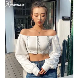 Rockmore Double Zipper Chain Tshirt Women Black Gothic Crop Top Long Puff Sleeve Square Collar Backless Shirts Casual T Shirt 210317