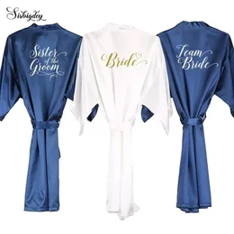 Sisbigdey navy blue robe white writing kimono satin robe bridesmaid sister of the bride robes wedding gift drop Y2004252236317