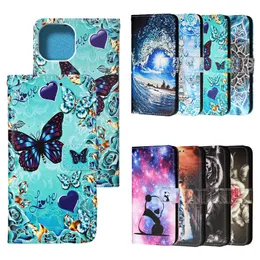 Cartoon Wallet Flip Leather Cases for iPhone 14 Pro Max Butterfly Flower Tiger Cat Coves