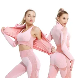 2Women's Racksuit Yoga مجموعة تمرين للنساء الرياضي للملابس الصالة الرياضية اللياقة البدنية طويلة الأكمام محصول أعلى طماق الخصر البلاط الرياضي بدلات 220513