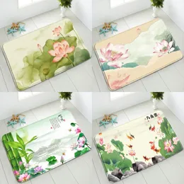 Bath Mats Chinese Style Lotus Bathroom Non-Slip Mat Bamboo Green Leaves Flower Plants Goldfish Bedroom Kitchen Doormat Absorbent Carpet