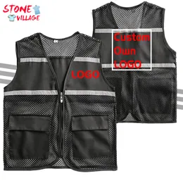 Summer Custom Visibility Reflective Safety Vest Work Uniform Mesh Solid Color Top Strips Construction Multi pocket Coat 220722