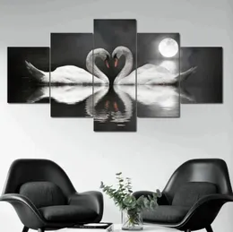 Swan Couple Full Moon 5 Panel Canvas Picture Print Wall Art Canvas Painting Wall Decor for Living Room Poster No Framed