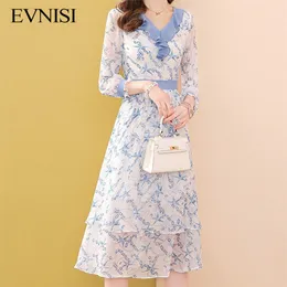 Evnisi Blue Floral Chiffon Dress Women Spring and Summer Fashion Ruffled Collar Dresses Elegant A-Line Vestidos 220517