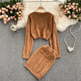 Work Dresses SINGREINY Women Autumn Winter Knitted Set Long Sleeve Casual Loose Short Tops+High Waist Bodycon Skirts Two Piece Suits