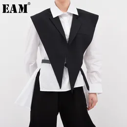 Eam Women Roose Fit Black Bried Slupt Split Joint Big Size Vest Lapel Neeveless Fashion Spring Summer 1U52701 201031