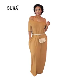 Candy Color Loose Maxi Vestidos Lady Long Dress Bohemian Women Off The Shoulder Short Sleeve Robes With Pocket T200618