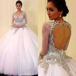 Quinceanera White Dresses Backless Beaded Lace Applique Long Sleeve Ball Gown Vestidos