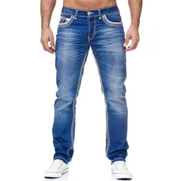 Män Jeans Solida Fickor Sträck Straight Pants Denim Smart Casual Trousers Daily Streetwear Herrkläder 220328