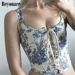 Beyouare Summer Square Collar Women's Tank Crop Tops Printing Drawstring Bandage Hollow Out Vest Sexig Skinny Elegant Camis 220318