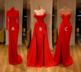 Red Mermaid Evening Dresses Neck Spaghetti Strap Long Sleeves High Split Satin Custom Made Prom Party Ball Gown Formal Ocn Wear Plus Size 403